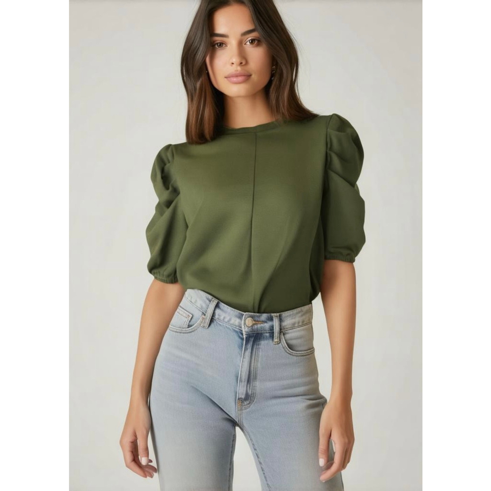 Grace + Karma Women's Top Lg Green Round‎ Neck Short Puffed Sleeve Twisted Knot